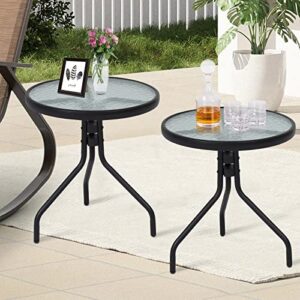 Kinsunny Round Bistro Coffee Table Set of 2, Patio Side Table Tempered Glass Top Metal End Table with Legs, for Outdoor Garden Backyard Lawn Poolside