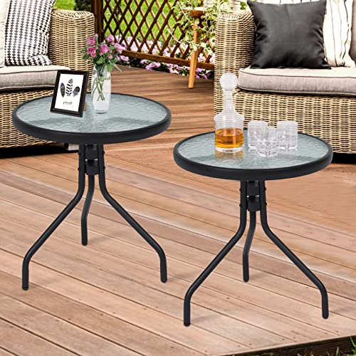 Kinsunny Round Bistro Coffee Table Set of 2, Patio Side Table Tempered Glass Top Metal End Table with Legs, for Outdoor Garden Backyard Lawn Poolside