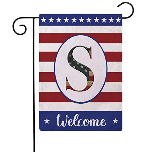 Patriotic Decorative Flag Initial Letter Garden Flags with Monogram S Double Sided American Independence Day Flag Welcome Burlap Garden Flags 12.5×18 Inch for House Yard Patio Outdoor Decor(S)