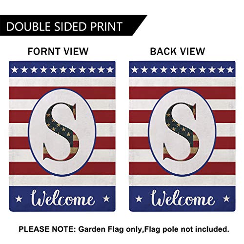 Patriotic Decorative Flag Initial Letter Garden Flags with Monogram S Double Sided American Independence Day Flag Welcome Burlap Garden Flags 12.5×18 Inch for House Yard Patio Outdoor Decor(S)