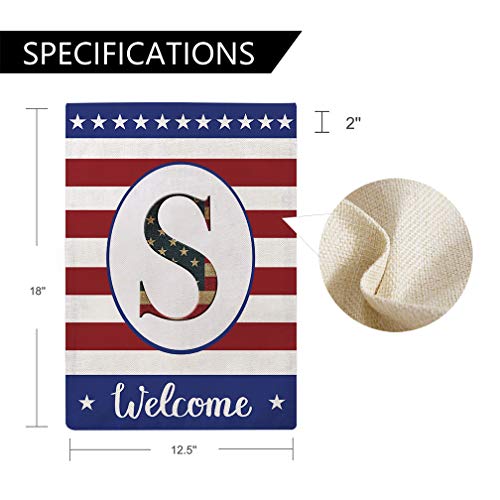 Patriotic Decorative Flag Initial Letter Garden Flags with Monogram S Double Sided American Independence Day Flag Welcome Burlap Garden Flags 12.5×18 Inch for House Yard Patio Outdoor Decor(S)