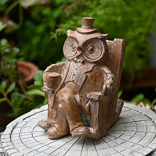 OwMell Owl Statue, Indoor Outdoor Coffee Owl Decor Figurine for Garden, Resin 6 Inch, Look Like Wood Hand-Carved