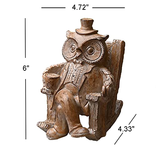 OwMell Owl Statue, Indoor Outdoor Coffee Owl Decor Figurine for Garden, Resin 6 Inch, Look Like Wood Hand-Carved