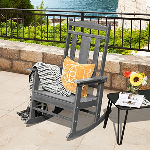 Giantex Patio Rocking Chair - All-Weather HDPE Porch Rocker Chair W/Slatted High Back, Outdoor & Indoor Rocker for Garden, Poolside, Courtyard, 330 lbs Load Capacity (1, Grey)