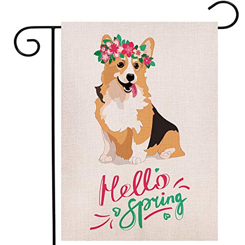 Spring Corgi with Flower Garden Flag Vertical Double Sided 12.5x18 Inch Burlap Rustic Farmhouse Yard Outdoor Flag Décor