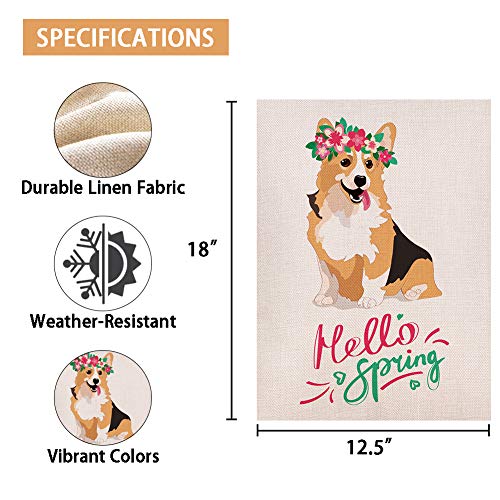 Spring Corgi with Flower Garden Flag Vertical Double Sided 12.5x18 Inch Burlap Rustic Farmhouse Yard Outdoor Flag Décor