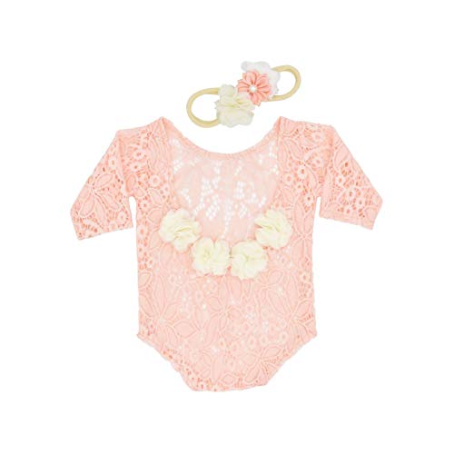 Yuehuam Newborn Girl Photography Outfits Cute Lace Rompers Photography Props with Flower Headband Baby Photo Props Bodysuit Outfit