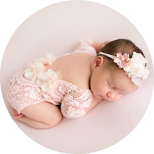 Yuehuam Newborn Girl Photography Outfits Cute Lace Rompers Photography Props with Flower Headband Baby Photo Props Bodysuit Outfit