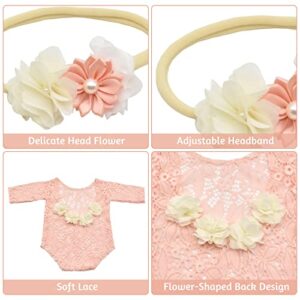 Yuehuam Newborn Girl Photography Outfits Cute Lace Rompers Photography Props with Flower Headband Baby Photo Props Bodysuit Outfit