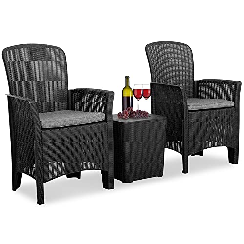 SereneLife 3 Pieces Outdoor Wicker Patio Furniture Modern Rattan Chair Conversation Sets with Coffee Table for Yard and Bistro (Off Black)