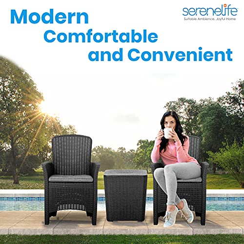 SereneLife 3 Pieces Outdoor Wicker Patio Furniture Modern Rattan Chair Conversation Sets with Coffee Table for Yard and Bistro (Off Black)