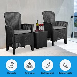 SereneLife 3 Pieces Outdoor Wicker Patio Furniture Modern Rattan Chair Conversation Sets with Coffee Table for Yard and Bistro (Off Black)