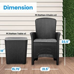 SereneLife 3 Pieces Outdoor Wicker Patio Furniture Modern Rattan Chair Conversation Sets with Coffee Table for Yard and Bistro (Off Black)