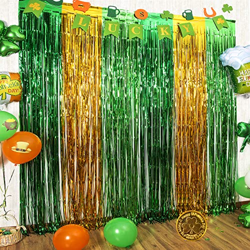 LOLStar 3 Pack St. Patrick's Day Foil Fringe Curtains St Patricks Day Party Decoration 3.3 X 6.6 ft Green Gold Light Green Tinsel Fringe Curtain Photo Booth, Streamer Backdrop for Irish Theme Decor