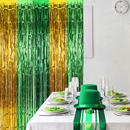 LOLStar 3 Pack St. Patrick's Day Foil Fringe Curtains St Patricks Day Party Decoration 3.3 X 6.6 ft Green Gold Light Green Tinsel Fringe Curtain Photo Booth, Streamer Backdrop for Irish Theme Decor