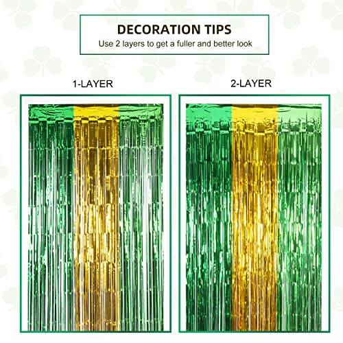 LOLStar 3 Pack St. Patrick's Day Foil Fringe Curtains St Patricks Day Party Decoration 3.3 X 6.6 ft Green Gold Light Green Tinsel Fringe Curtain Photo Booth, Streamer Backdrop for Irish Theme Decor