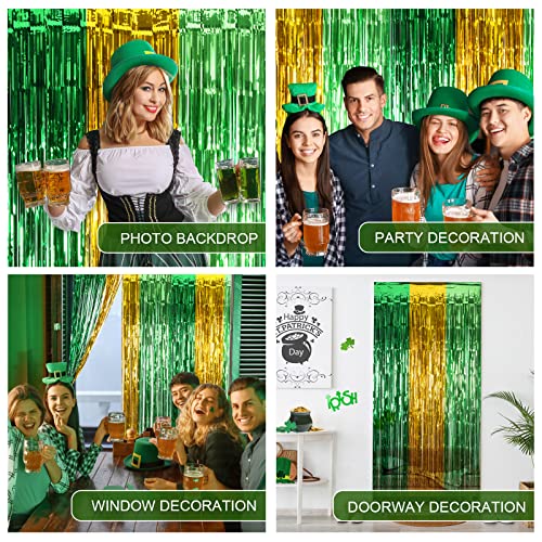 LOLStar 3 Pack St. Patrick's Day Foil Fringe Curtains St Patricks Day Party Decoration 3.3 X 6.6 ft Green Gold Light Green Tinsel Fringe Curtain Photo Booth, Streamer Backdrop for Irish Theme Decor