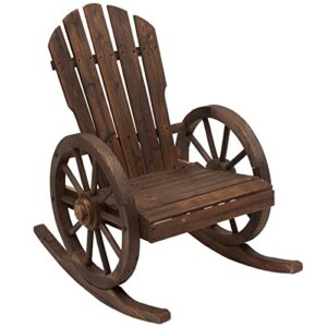 outsunny wooden rocking chair, adirondack rocker chair w/slatted design, and oversize back, outdoor rocking chairs with wagon wheel armrest for porch, poolside, and garden, brown