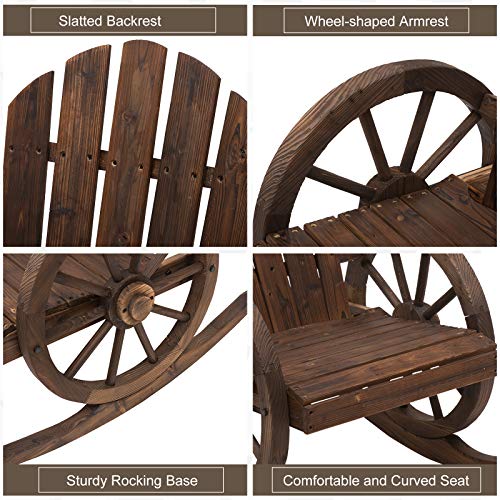 Outsunny Wooden Rocking Chair, Adirondack Rocker Chair w/Slatted Design, and Oversize Back, Outdoor Rocking Chairs with Wagon Wheel Armrest for Porch, Poolside, and Garden, Brown