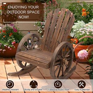 Outsunny Wooden Rocking Chair, Adirondack Rocker Chair w/Slatted Design, and Oversize Back, Outdoor Rocking Chairs with Wagon Wheel Armrest for Porch, Poolside, and Garden, Brown