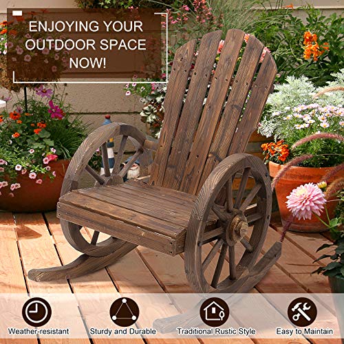 Outsunny Wooden Rocking Chair, Adirondack Rocker Chair w/Slatted Design, and Oversize Back, Outdoor Rocking Chairs with Wagon Wheel Armrest for Porch, Poolside, and Garden, Brown