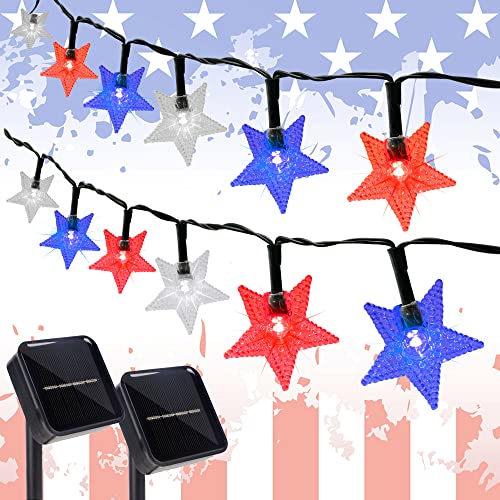 WATERGLIDE 2 Pack Solar Patriotic Star String Lights, Outdoor July 4th Decorative Light 100 LED 33 FT Each, 8 Lighting Modes, Waterproof for Independence Day Party Patio Garden Decor, Red White & Blue