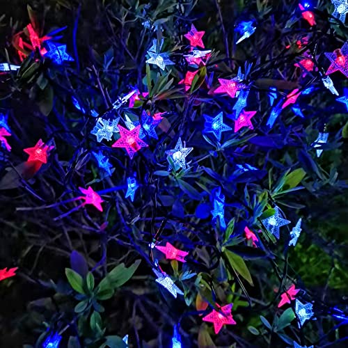 WATERGLIDE 2 Pack Solar Patriotic Star String Lights, Outdoor July 4th Decorative Light 100 LED 33 FT Each, 8 Lighting Modes, Waterproof for Independence Day Party Patio Garden Decor, Red White & Blue