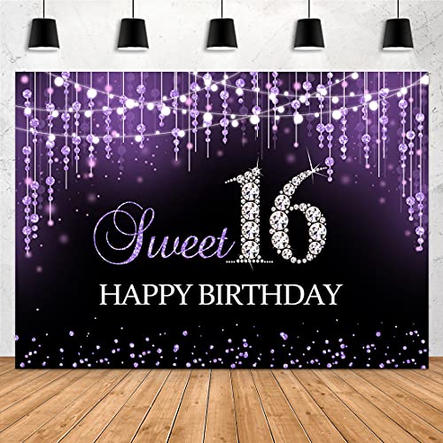 Aperturee Purple Sweet 16 Birthday Backdrop 7x5ft Princess Bokeh Glitter Shiny Sequin Dots Diamond Girls Happy Sweet Sixteen 16th Photography Background Banner Photo Booth Props Party Decorations