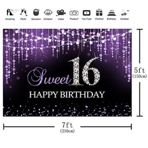 Aperturee Purple Sweet 16 Birthday Backdrop 7x5ft Princess Bokeh Glitter Shiny Sequin Dots Diamond Girls Happy Sweet Sixteen 16th Photography Background Banner Photo Booth Props Party Decorations