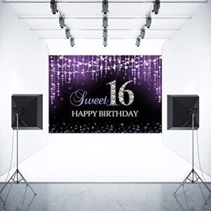 Aperturee Purple Sweet 16 Birthday Backdrop 7x5ft Princess Bokeh Glitter Shiny Sequin Dots Diamond Girls Happy Sweet Sixteen 16th Photography Background Banner Photo Booth Props Party Decorations