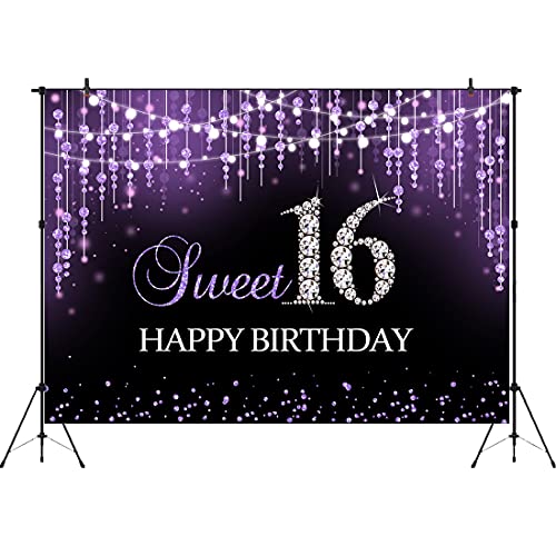 Aperturee Purple Sweet 16 Birthday Backdrop 7x5ft Princess Bokeh Glitter Shiny Sequin Dots Diamond Girls Happy Sweet Sixteen 16th Photography Background Banner Photo Booth Props Party Decorations