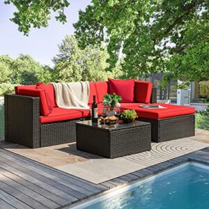 tuoze 5 pieces patio furniture sectional outdoor all-weather pe rattan wicker lawn conversation cushioned garden sofa set with glass coffee table (red)