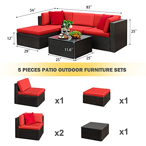 Tuoze 5 Pieces Patio Furniture Sectional Outdoor All-Weather PE Rattan Wicker Lawn Conversation Cushioned Garden Sofa Set with Glass Coffee Table (Red)