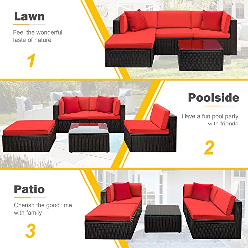 Tuoze 5 Pieces Patio Furniture Sectional Outdoor All-Weather PE Rattan Wicker Lawn Conversation Cushioned Garden Sofa Set with Glass Coffee Table (Red)