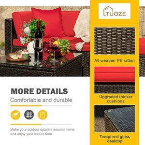 Tuoze 5 Pieces Patio Furniture Sectional Outdoor All-Weather PE Rattan Wicker Lawn Conversation Cushioned Garden Sofa Set with Glass Coffee Table (Red)