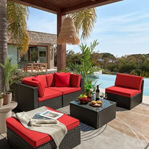 Tuoze 5 Pieces Patio Furniture Sectional Outdoor All-Weather PE Rattan Wicker Lawn Conversation Cushioned Garden Sofa Set with Glass Coffee Table (Red)