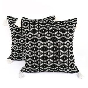 palm and porch – boho outdoor pillow covers – 20×20 set of 2 – woven water resistant outdoor pillows for patio furniture – black and white outdoor pillows with tassels