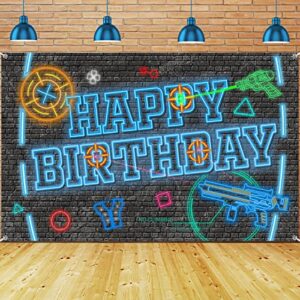 laser tag gun backdrops neon happy birthday banner happy birthday backdrop gaming backgrounds for boys wall decorations 6 x 3.6 feet birthday party neon glow party photography banner photo booth
