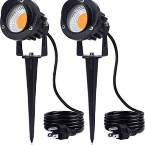 SUNVIE 15W Landscape Lighting LED Spotlight Outdoor 120V AC Waterproof Landscape Lights Spot Lights for Yard with Spiked Stake Warm White Flag Lights Garden Decorative Lamp with US 3-Plug in (2 Pack)