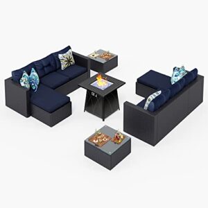 sophia & william patio furniture sectional sofa with gas fire pit table all-weather wicker rattan outdoor conversation sets w/coffee table, csa approved 28-inch 50,000btu propane fire pit (navy blue)