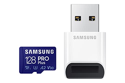 SAMSUNG PRO Plus + Reader 128GB microSDXC Up to 160MB/s UHS-I, U3, A2, V30, Full HD & 4K UHD Memory Card for Android Smartphones, Tablets, Go Pro and DJI Drone (MB-MD128KB/AM)