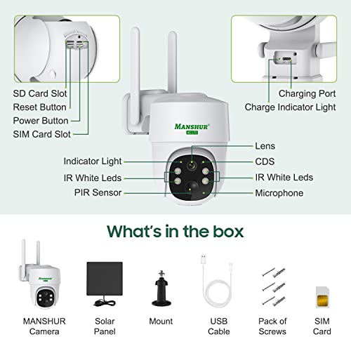 4G LTE Cellular Security Camera Outdoor Wireless, Cameras Without Wifi Needed 360° PTZ 2K/3MP Color Night Vision, 2 Way Talk, PIR Motion Detection, Spotlight & Siren, No WiFi Needed, IP66, Cloud/SD