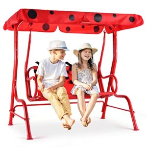 costzon patio swing,all-weather porch swing w/safety belt, 2 seats outdoor lounge chair hammock w/removable canopy, outdoor swing bench for backyard lawn garden (ladybug pattern,red)