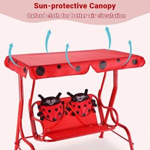 Costzon Patio Swing,All-Weather Porch Swing w/Safety Belt, 2 Seats Outdoor Lounge Chair Hammock w/Removable Canopy, Outdoor Swing Bench for Backyard Lawn Garden (Ladybug Pattern,Red)