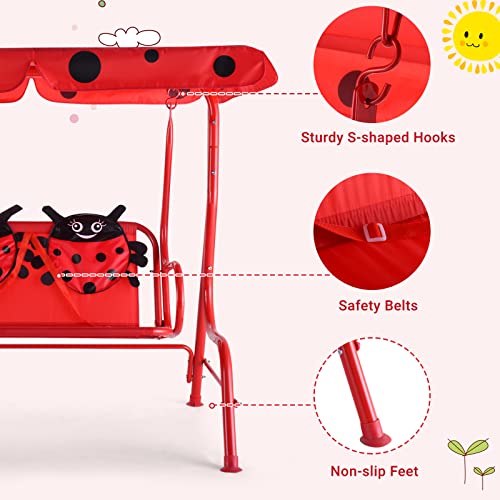 Costzon Patio Swing,All-Weather Porch Swing w/Safety Belt, 2 Seats Outdoor Lounge Chair Hammock w/Removable Canopy, Outdoor Swing Bench for Backyard Lawn Garden (Ladybug Pattern,Red)