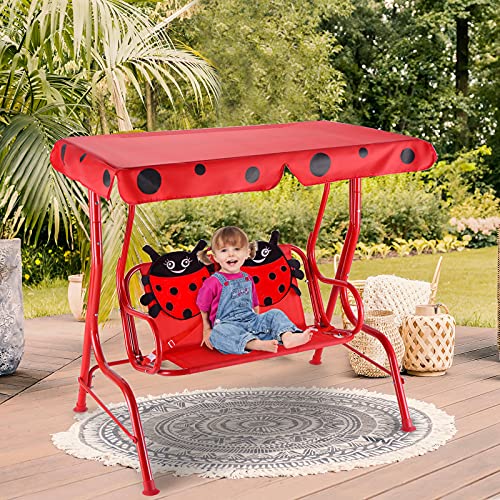 Costzon Patio Swing,All-Weather Porch Swing w/Safety Belt, 2 Seats Outdoor Lounge Chair Hammock w/Removable Canopy, Outdoor Swing Bench for Backyard Lawn Garden (Ladybug Pattern,Red)