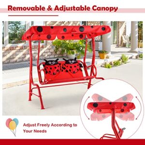 Costzon Patio Swing,All-Weather Porch Swing w/Safety Belt, 2 Seats Outdoor Lounge Chair Hammock w/Removable Canopy, Outdoor Swing Bench for Backyard Lawn Garden (Ladybug Pattern,Red)