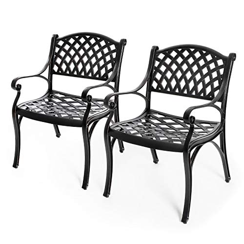 Nuu Garden Cast Aluminum Patio Dining Chairs with Armrests for Indoor Outdoor Bistro Chairs for Balcony, Backyard, Garden, Black with Gold-Painted Edge