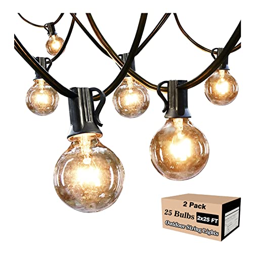 Muasdae Outdoor LED String Lights Indoor Decor Lights Patio Garden Wedding Party G40 Globe Plastic Light Bulbs Waterproof Connectable Shatterproof 25Ft E12 Socket Base (25FT) (Black 2 String Set)