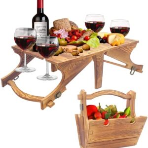 Sinouso Portable Picnic Table, 2 in 1 Folding Wooden Picnic Table for Outdoors,Small Wine Table with 4 Wine Glasses Holder for Outdoor Lawn, Beach, Park, Garden,Ideal Wine Lover Gift(11.8×18 Inch)